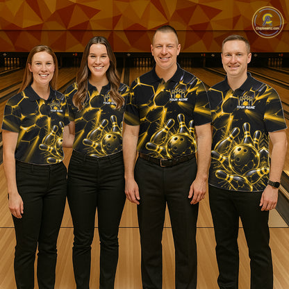 Women Yellow Glowing Lines Bowling Ball Jersey, Custom Team Name Bowling Polo Shirt NHT1540