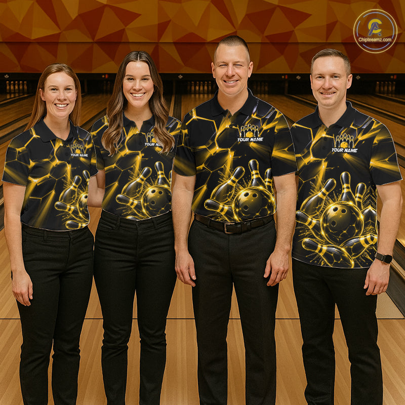 Men Yellow Glowing Lines Bowling Ball Jersey, Custom Team Name Bowling Polo Shirt NHT1540