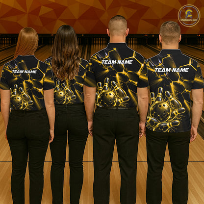 Women Yellow Glowing Lines Bowling Ball Jersey, Custom Team Name Bowling Polo Shirt NHT1540