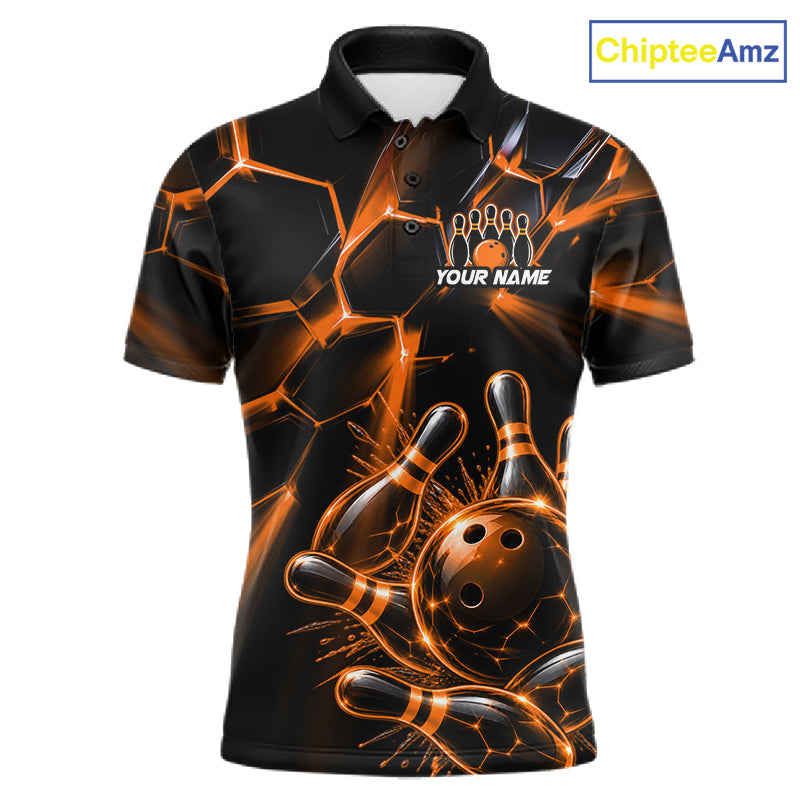 Men Orange Glowing Lines Bowling Ball Jersey, Custom Team Name Bowling Polo Shirt NHT1541