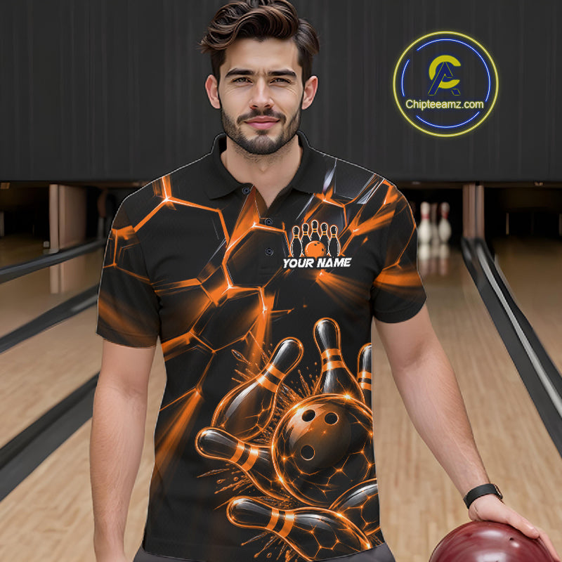 Men Orange Glowing Lines Bowling Ball Jersey, Custom Team Name Bowling Polo Shirt NHT1541