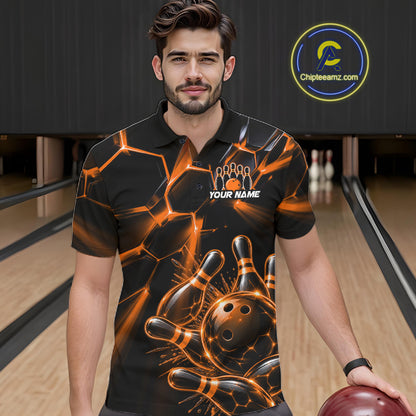 Men Orange Glowing Lines Bowling Ball Jersey, Custom Team Name Bowling Polo Shirt NHT1541
