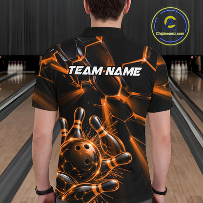 Men Orange Glowing Lines Bowling Ball Jersey, Custom Team Name Bowling Polo Shirt NHT1541