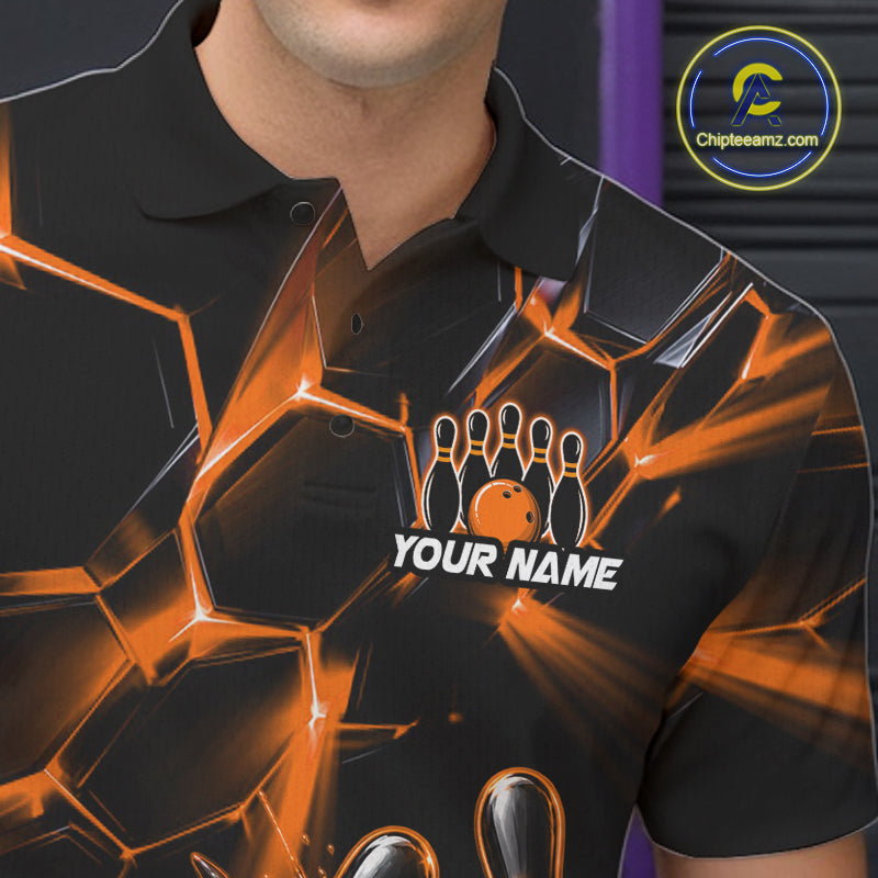 Men Orange Glowing Lines Bowling Ball Jersey, Custom Team Name Bowling Polo Shirt NHT1541