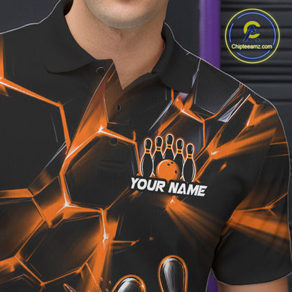 Men Orange Glowing Lines Bowling Ball Jersey, Custom Team Name Bowling Polo Shirt NHT1541