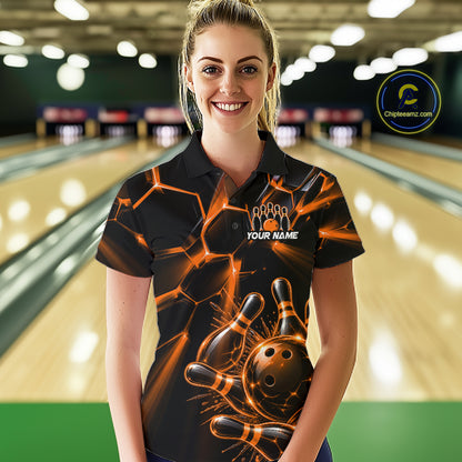 Women Orange Glowing Lines Bowling Ball Jersey, Custom Team Name Bowling Polo Shirt NHT1541