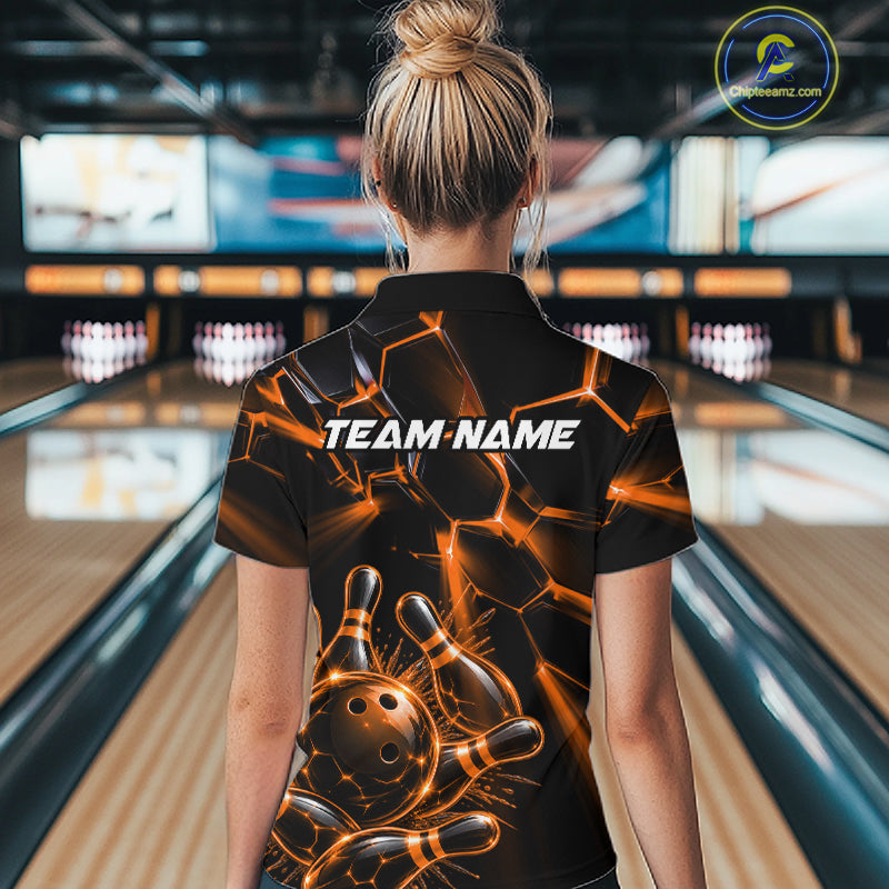 Women Orange Glowing Lines Bowling Ball Jersey, Custom Team Name Bowling Polo Shirt NHT1541