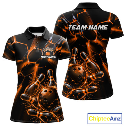 Women Orange Glowing Lines Bowling Ball Jersey, Custom Team Name Bowling Polo Shirt NHT1541