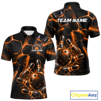 Men Orange Glowing Lines Bowling Ball Jersey, Custom Team Name Bowling Polo Shirt NHT1541