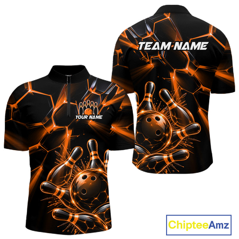 Men Orange Glowing Lines Bowling Ball Jersey, Custom Team Name Bowling Polo Shirt NHT1541