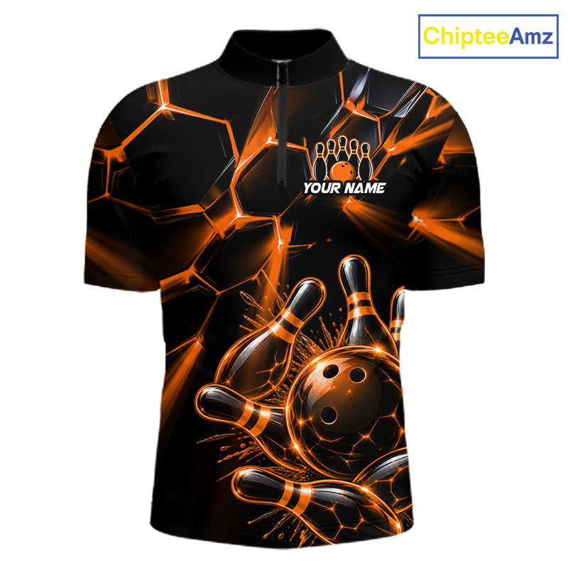 Men Orange Glowing Lines Bowling Ball Jersey, Custom Team Name Bowling Polo Shirt NHT1541