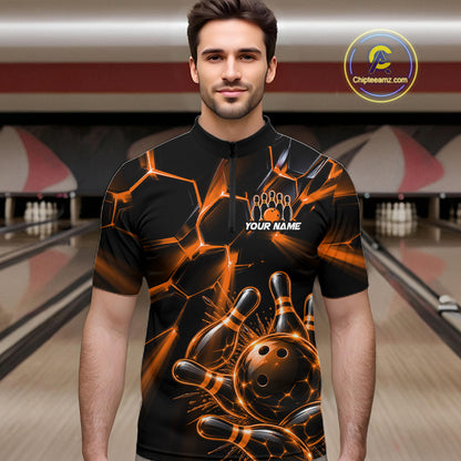 Men Orange Glowing Lines Bowling Ball Jersey, Custom Team Name Bowling Polo Shirt NHT1541