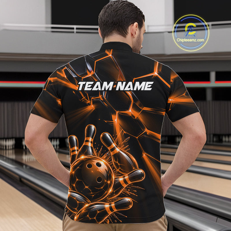 Men Orange Glowing Lines Bowling Ball Jersey, Custom Team Name Bowling Polo Shirt NHT1541