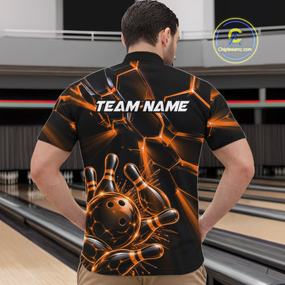 Men Orange Glowing Lines Bowling Ball Jersey, Custom Team Name Bowling Polo Shirt NHT1541