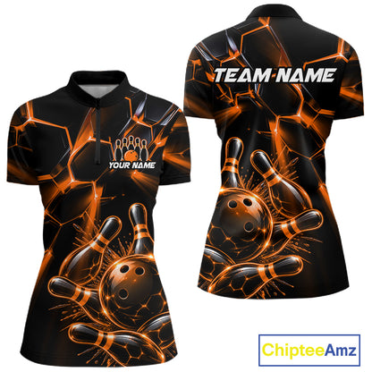 Women Orange Glowing Lines Bowling Ball Jersey, Custom Team Name Bowling Polo Shirt NHT1541