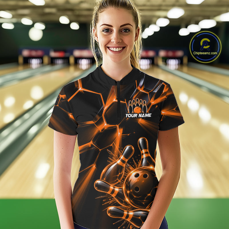 Women Orange Glowing Lines Bowling Ball Jersey, Custom Team Name Bowling Polo Shirt NHT1541