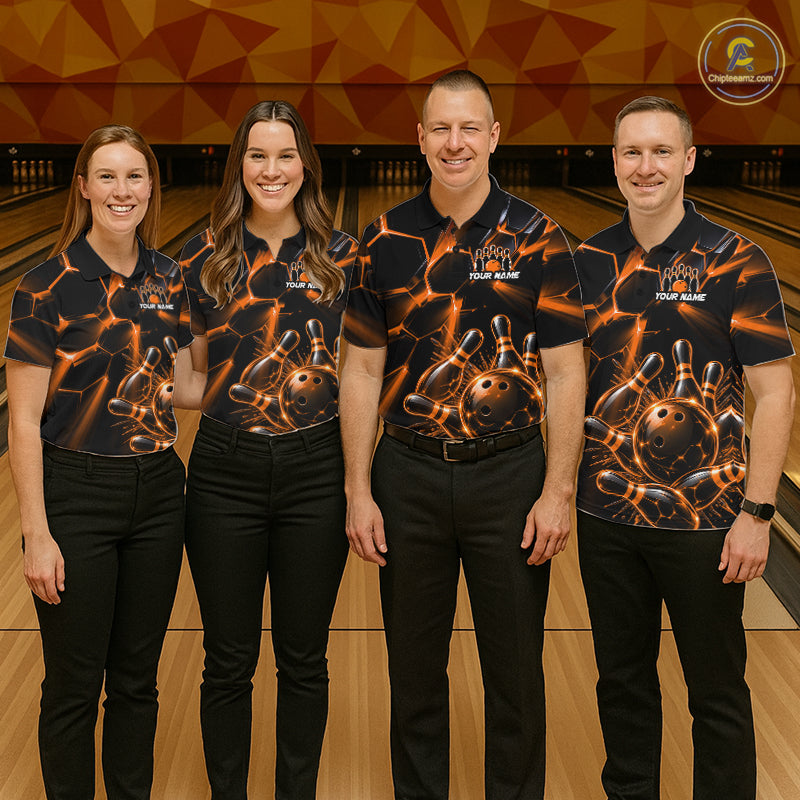 Women Orange Glowing Lines Bowling Ball Jersey, Custom Team Name Bowling Polo Shirt NHT1541