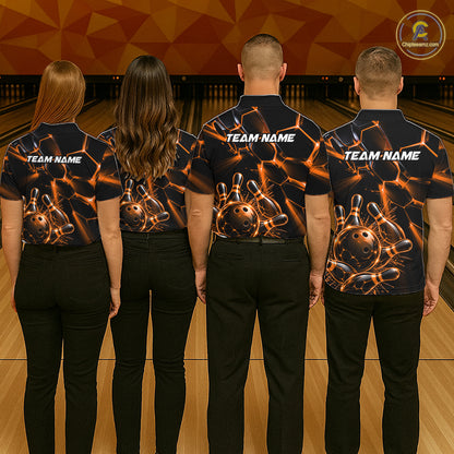 Men Orange Glowing Lines Bowling Ball Jersey, Custom Team Name Bowling Polo Shirt NHT1541