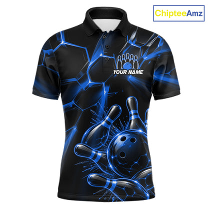 Men Blue Glowing Lines Bowling Ball Jersey, Custom Team Name Bowling Polo Shirt NHT1542