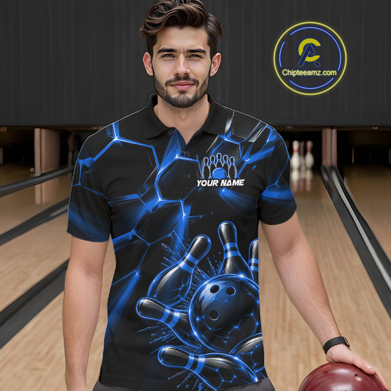Men Blue Glowing Lines Bowling Ball Jersey, Custom Team Name Bowling Polo Shirt NHT1542