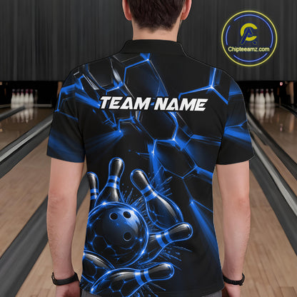 Men Blue Glowing Lines Bowling Ball Jersey, Custom Team Name Bowling Polo Shirt NHT1542