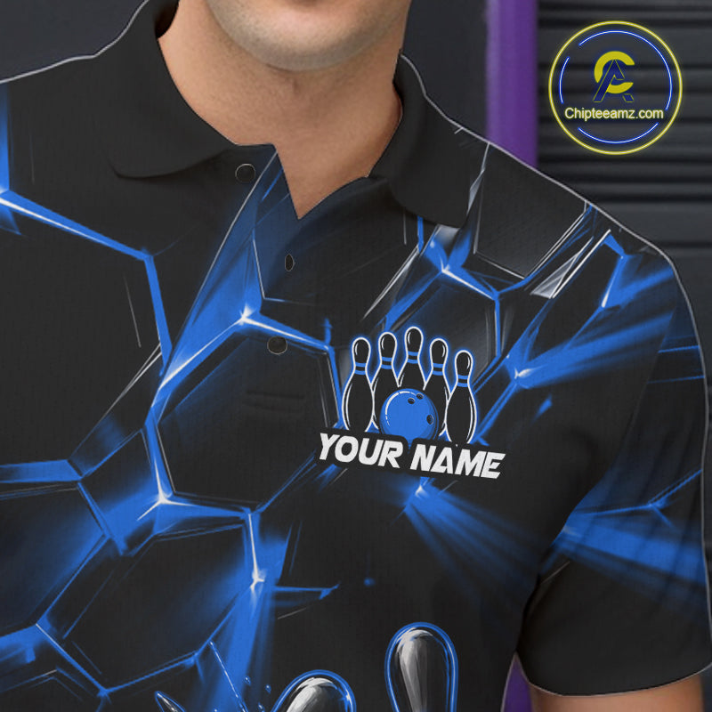 Men Blue Glowing Lines Bowling Ball Jersey, Custom Team Name Bowling Polo Shirt NHT1542