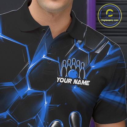 Men Blue Glowing Lines Bowling Ball Jersey, Custom Team Name Bowling Polo Shirt NHT1542