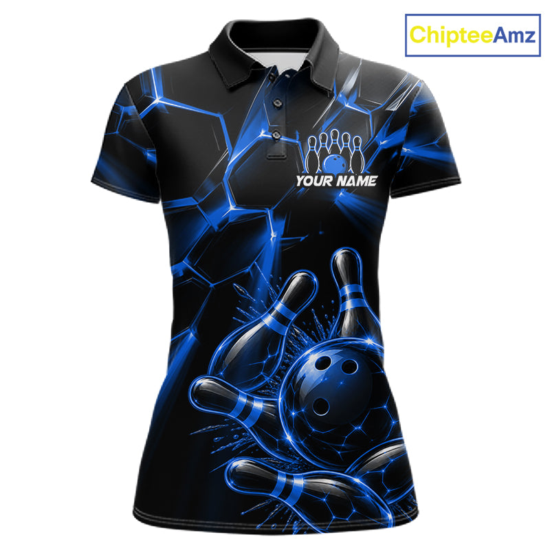 Women Blue Glowing Lines Bowling Ball Jersey, Custom Team Name Bowling Polo Shirt NHT1542