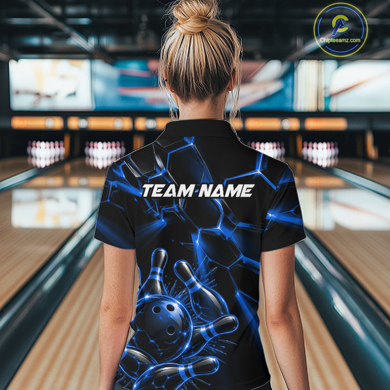 Women Blue Glowing Lines Bowling Ball Jersey, Custom Team Name Bowling Polo Shirt NHT1542