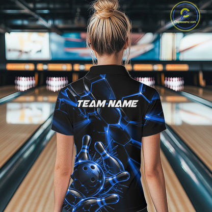 Women Blue Glowing Lines Bowling Ball Jersey, Custom Team Name Bowling Polo Shirt NHT1542