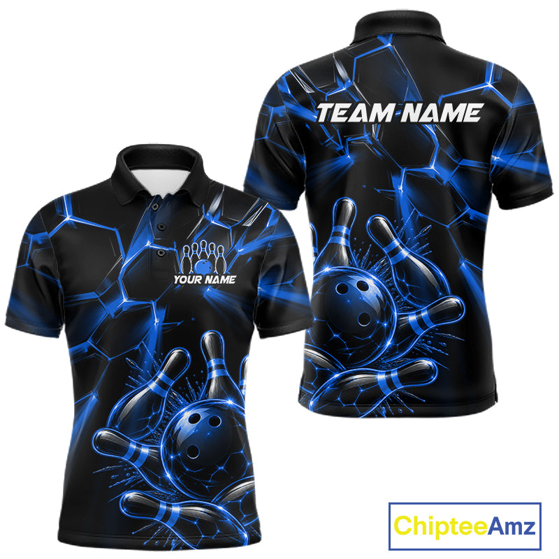 Men Blue Glowing Lines Bowling Ball Jersey, Custom Team Name Bowling Polo Shirt NHT1542