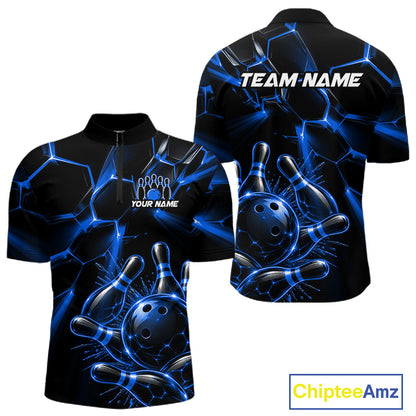Men Blue Glowing Lines Bowling Ball Jersey, Custom Team Name Bowling Polo Shirt NHT1542