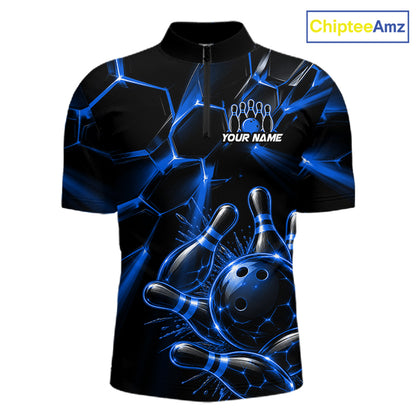 Men Blue Glowing Lines Bowling Ball Jersey, Custom Team Name Bowling Polo Shirt NHT1542
