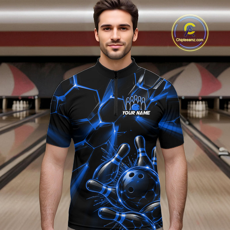 Men Blue Glowing Lines Bowling Ball Jersey, Custom Team Name Bowling Polo Shirt NHT1542