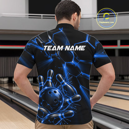 Men Blue Glowing Lines Bowling Ball Jersey, Custom Team Name Bowling Polo Shirt NHT1542