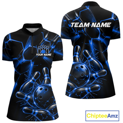 Women Blue Glowing Lines Bowling Ball Jersey, Custom Team Name Bowling Polo Shirt NHT1542