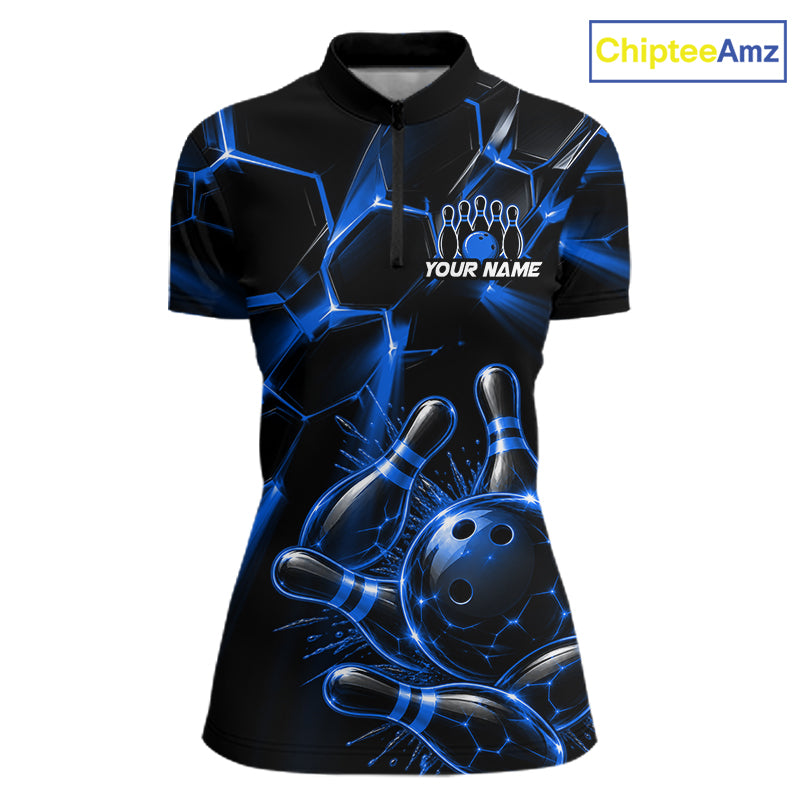 Women Blue Glowing Lines Bowling Ball Jersey, Custom Team Name Bowling Polo Shirt NHT1542