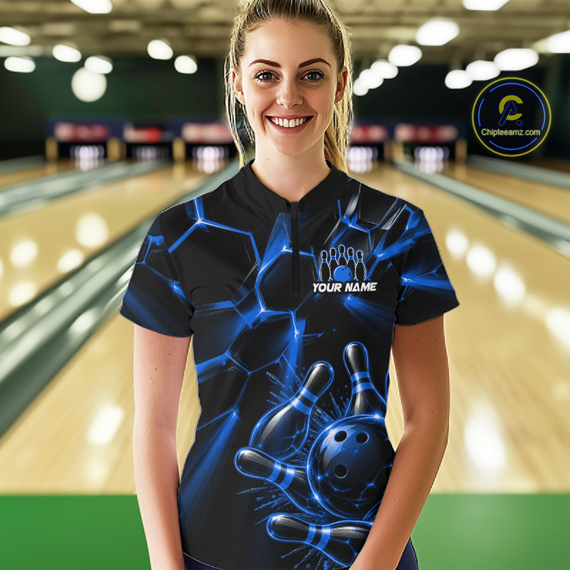 Women Blue Glowing Lines Bowling Ball Jersey, Custom Team Name Bowling Polo Shirt NHT1542