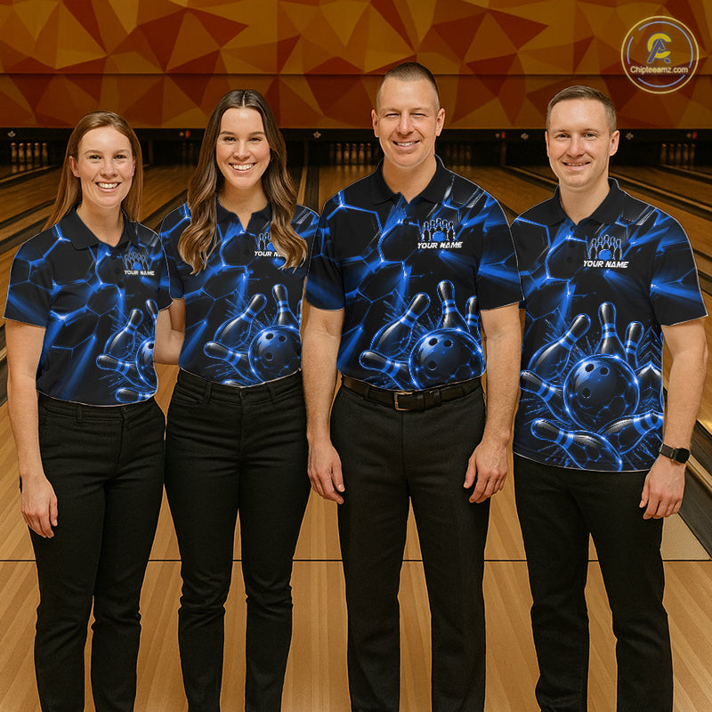 Women Blue Glowing Lines Bowling Ball Jersey, Custom Team Name Bowling Polo Shirt NHT1542