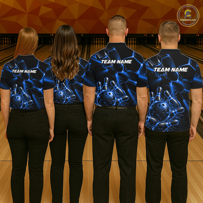 Women Blue Glowing Lines Bowling Ball Jersey, Custom Team Name Bowling Polo Shirt NHT1542