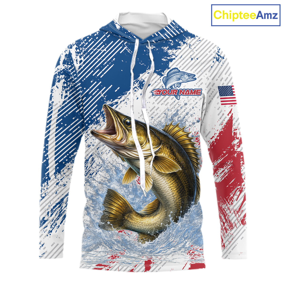 Custom Patriotic American Flag Walleye Hooded Fishing Shirts Long Sleeve, Fishing Tournament Jerseys NHT549