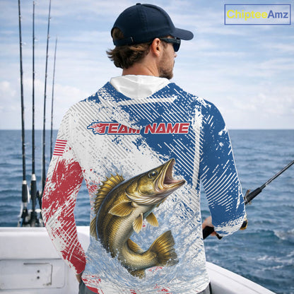 Custom Patriotic American Flag Walleye Hooded Fishing Shirts Long Sleeve, Fishing Tournament Jerseys NHT549