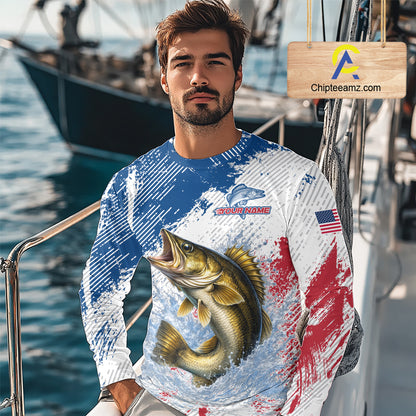 Custom Patriotic American Flag Walleye Fishing Shirts Long Sleeve, Fishing Tournament Jerseys NHT549