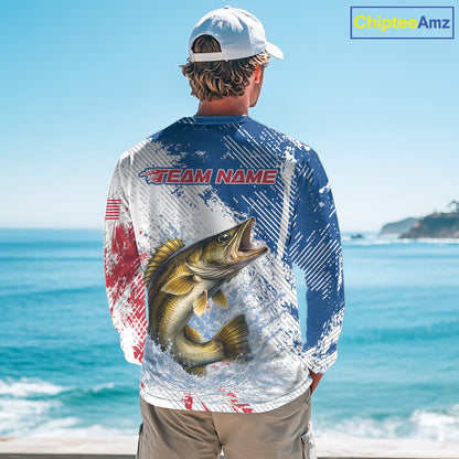 Custom Patriotic American Flag Walleye Fishing Shirts Long Sleeve, Fishing Tournament Jerseys NHT549