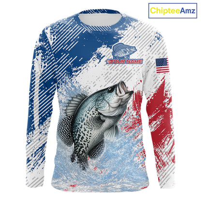 Custom Patriotic American Flag Crappie Fishing Shirts Long Sleeve, Fishing Tournament Jerseys NHT550