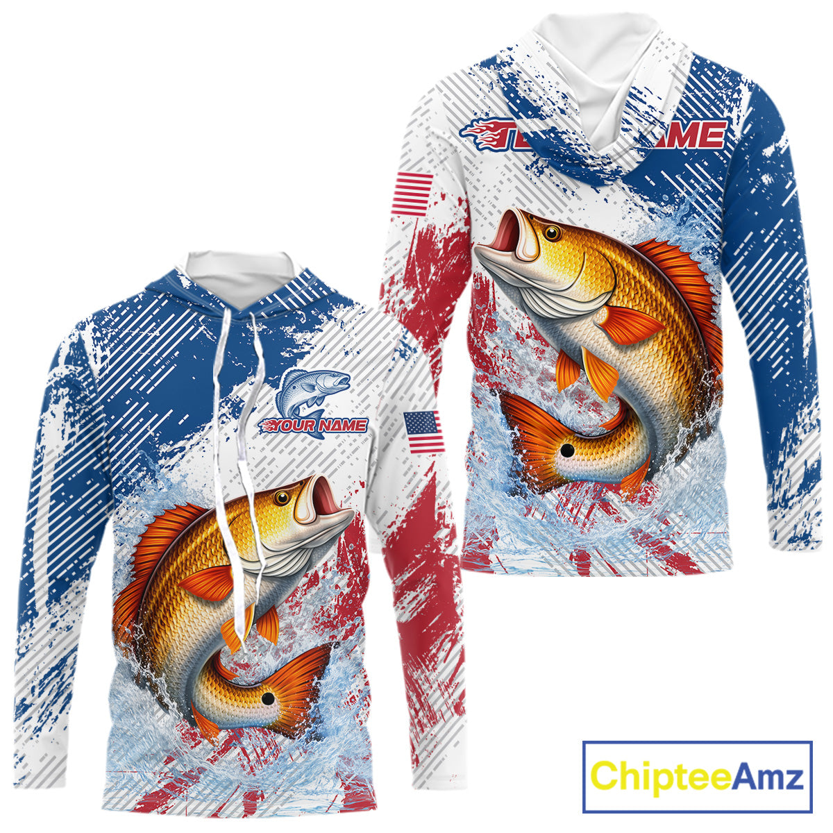 Custom Patriotic American Flag Redfish Fishing Shirts Long Sleeve Hooded, Fishing Tournament Jerseys NHT551