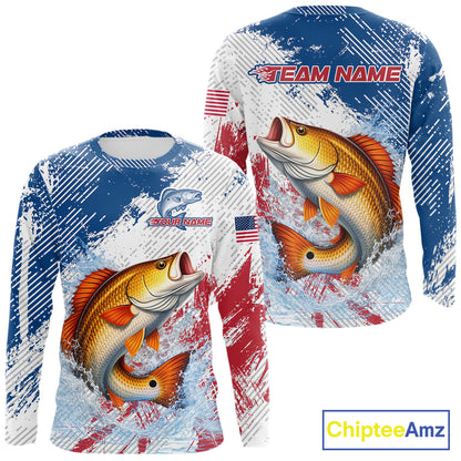 Custom Patriotic American Flag Redfish Fishing Shirts Long Sleeve, Fishing Tournament Jerseys NHT551