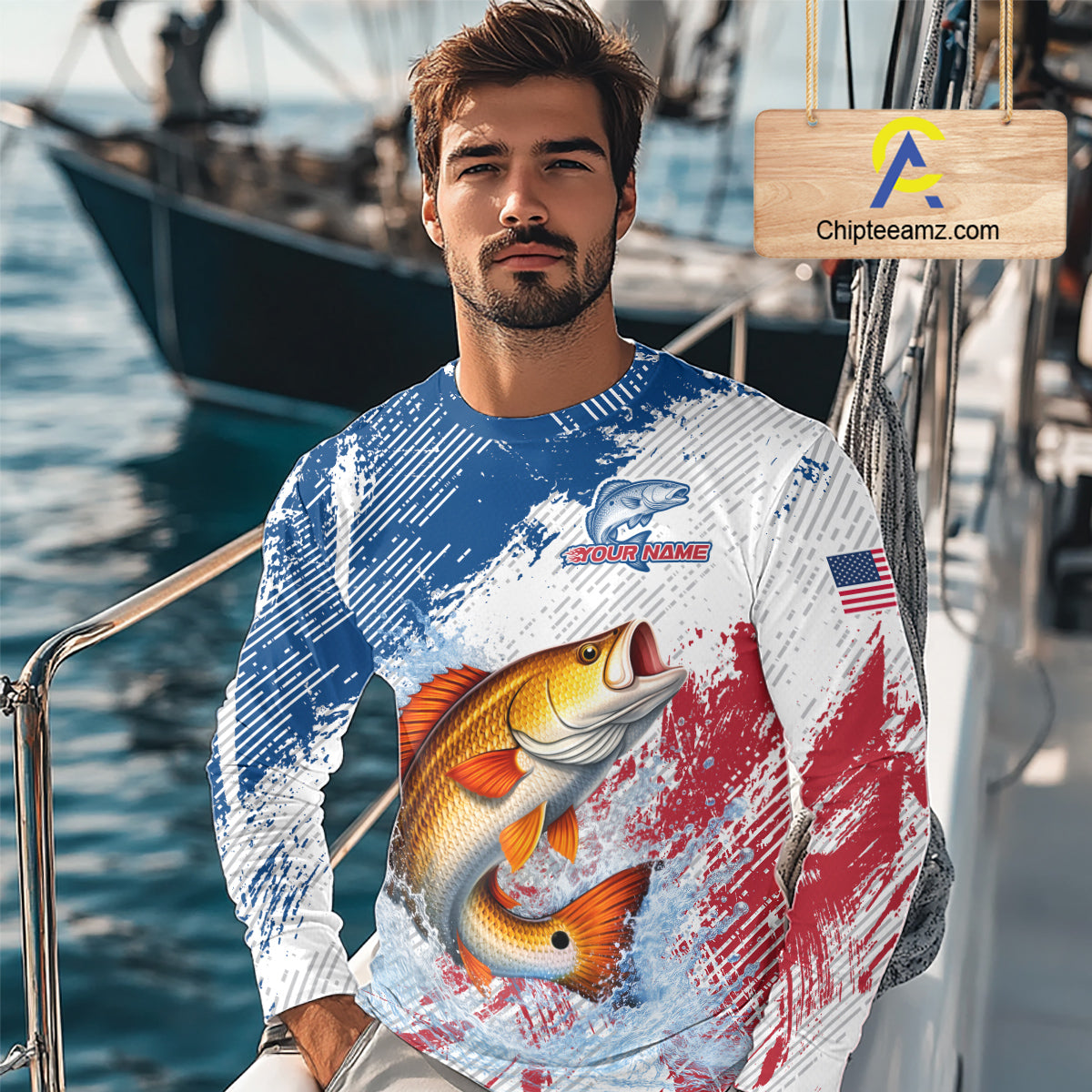Custom Patriotic American Flag Redfish Fishing Shirts Long Sleeve, Fishing Tournament Jerseys NHT551