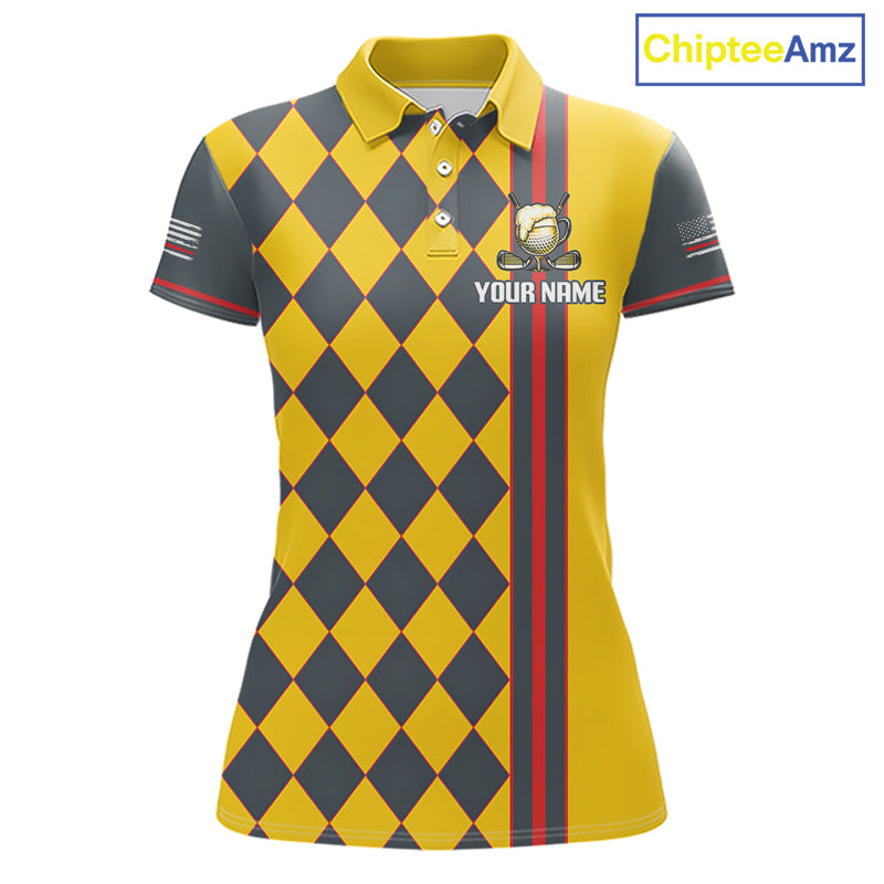Personalized Womens Golf Polo Shirt Beer And Golf Ball Graphic Custom Team Name Golf Jersey|Yellow 