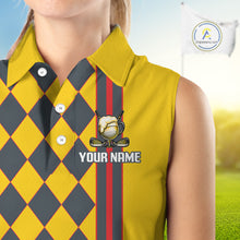 Load image into Gallery viewer, Personalized Womens Sleeveless Golf Polo Shirt Beer And Golf Ball Graphic Custom Team Name Golf Jersey|Yellow NHT1090